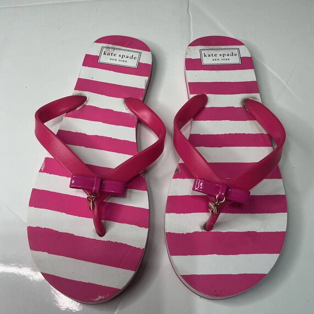 Kate Spade New York Pink & White Striped Flip Flops With Bow Accent Size 10M